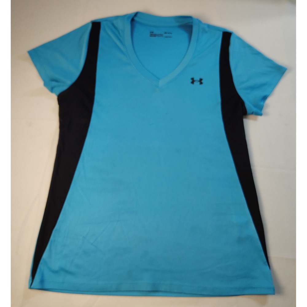Under Armour HeatGear Athletic Shirt Blue Black V-Neck Short Sleeve Gym Top Sz M